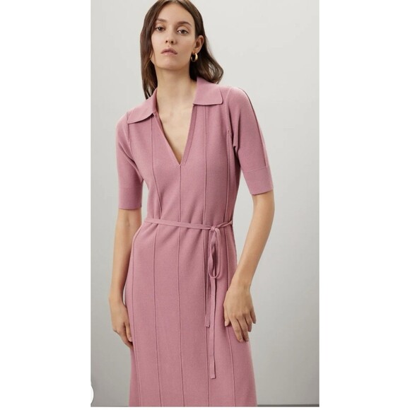 Adam Lippes Knit Collar Dress Mauve Pink V-Neck Pullover Short Sleeve Sz S - Picture 2 of 8